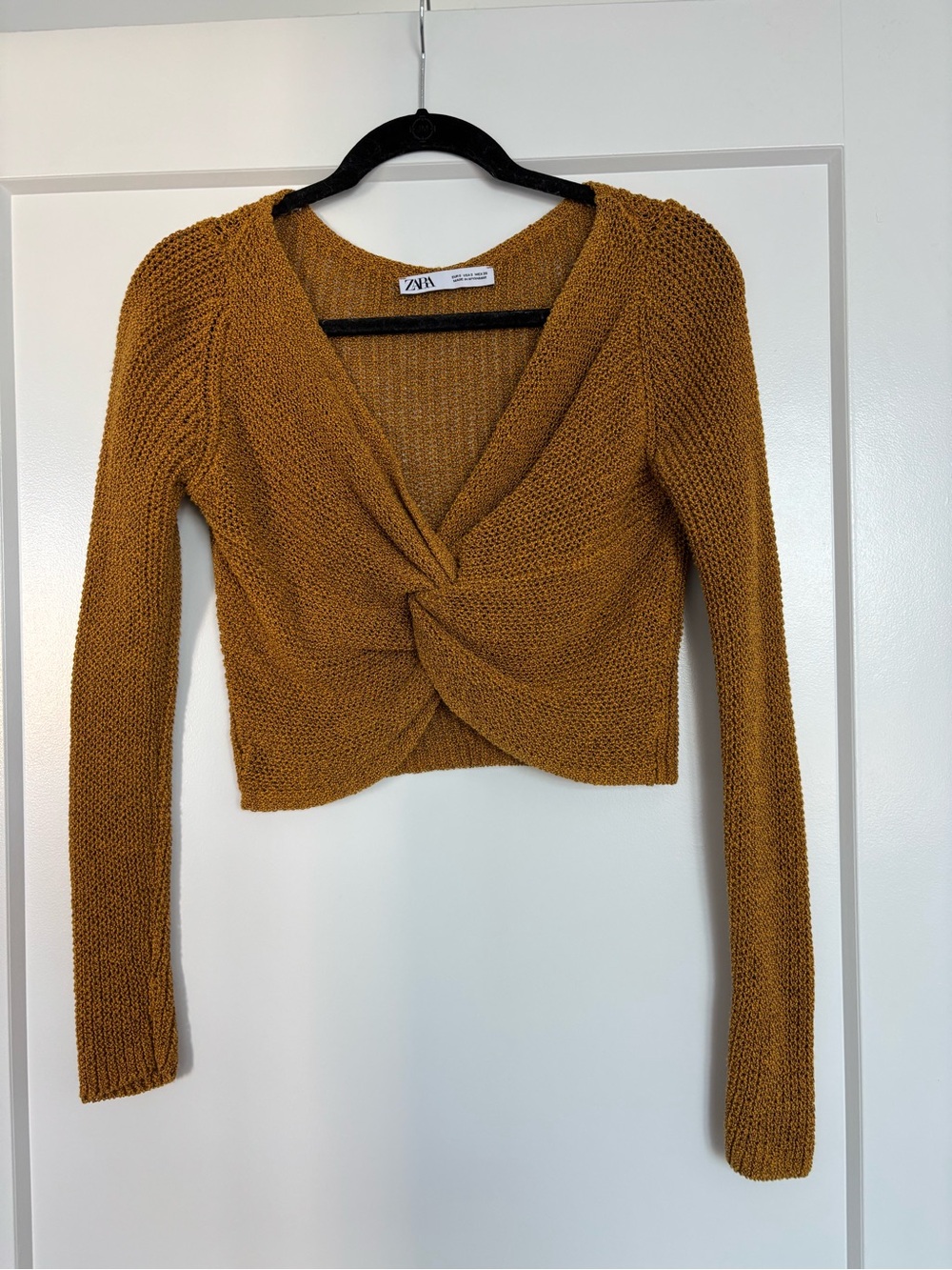 Zara V-Neck Twist-Front Cropped Sweater in Mustard
